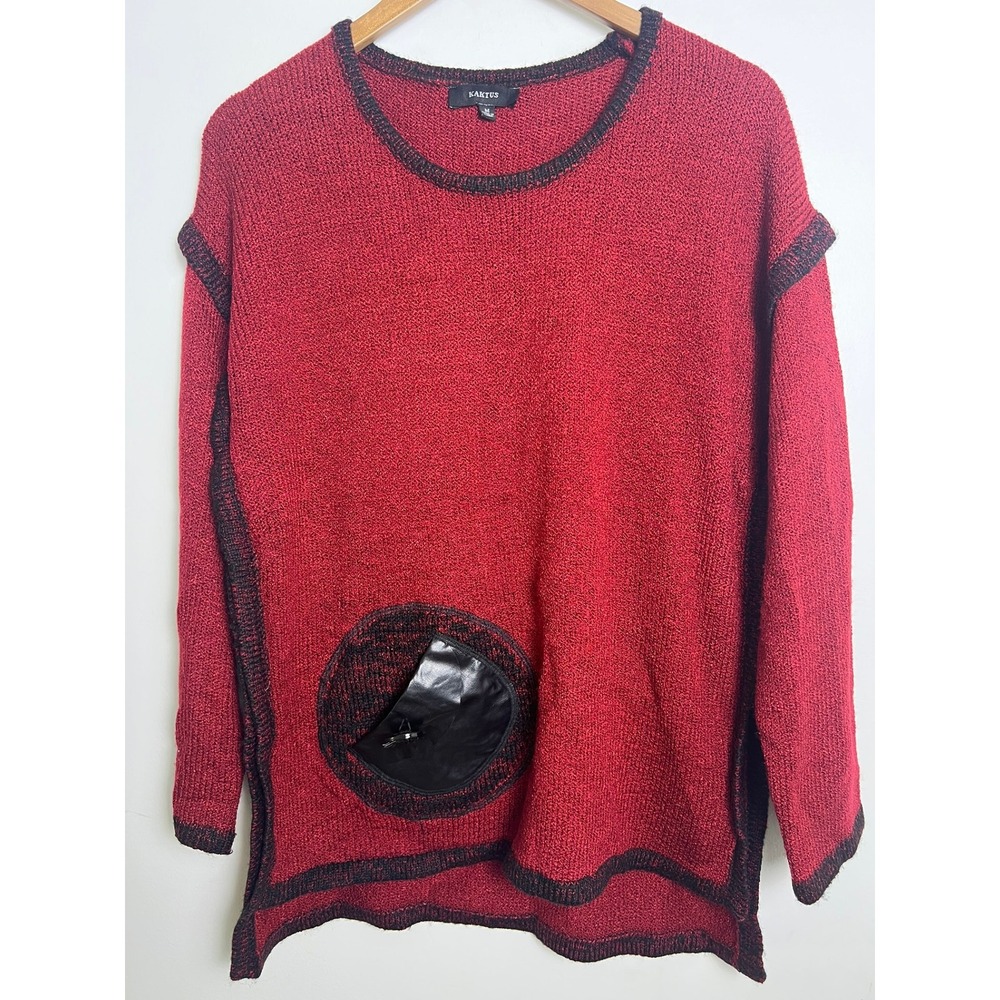 Vtg Kaktus Wm Med Red Black Oversized Knit Sweater Pocket Toggle Eclectic Funky
